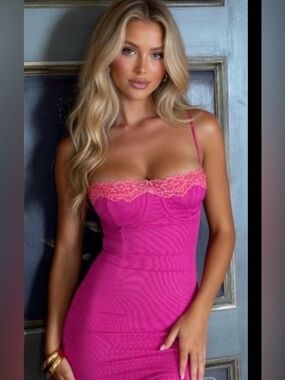 HOUSE OF CB 'Aiza' Raspberry Lace Trimmed Maxi Dress /Size S-US 4-6 $255